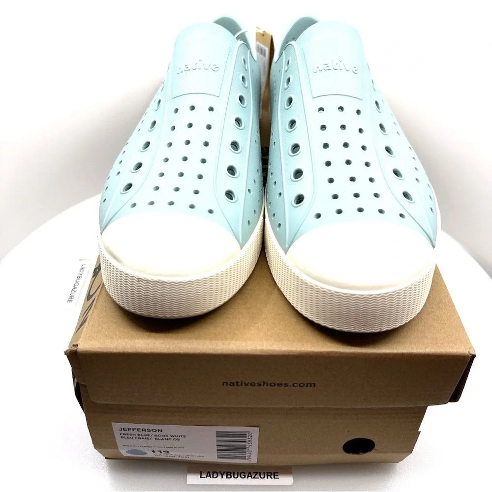 Native Shoes Light Blue Slip-On Loafers with Cream Toe Caps NIB